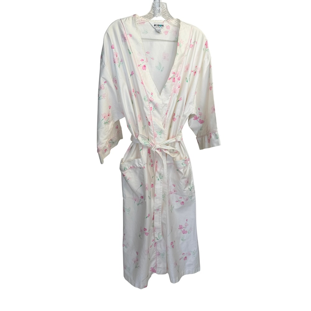 Apostrophe Vintage Floral 100% Cotton Robe Cream Pink Long Wrap Loungewear L - Picture 2 of 6